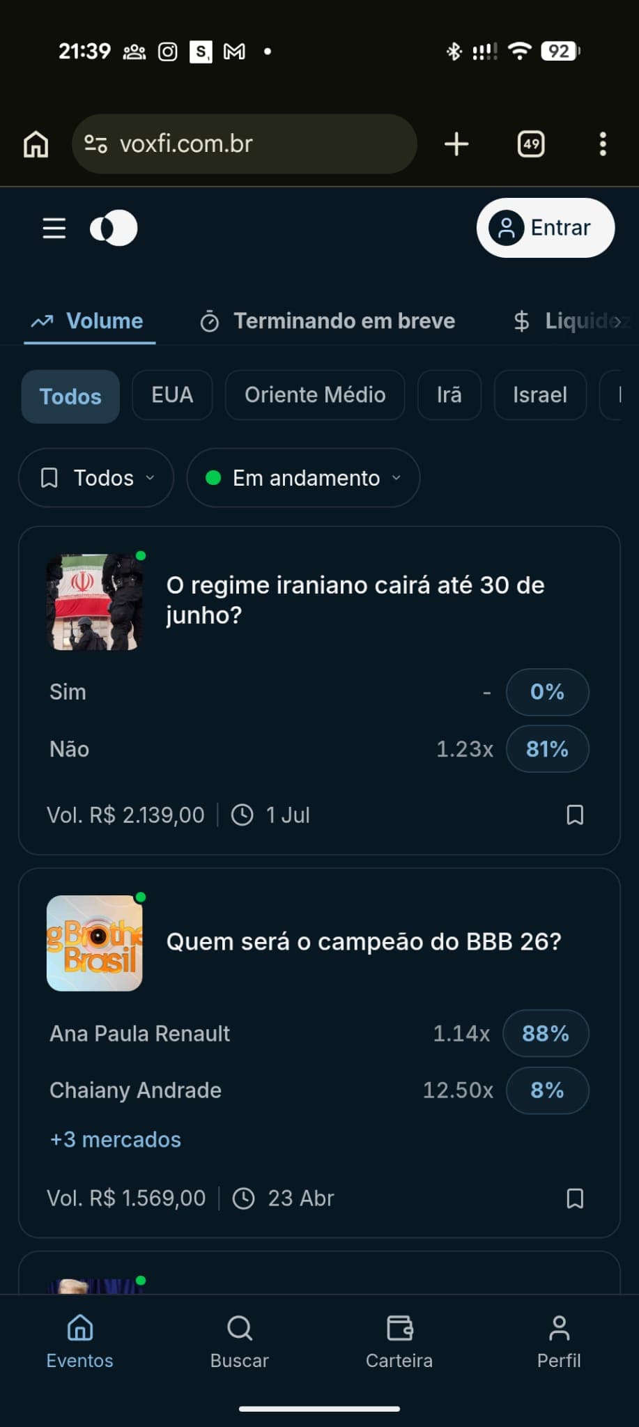 Interface mobile do Oráculo mostrando mercados de previsão