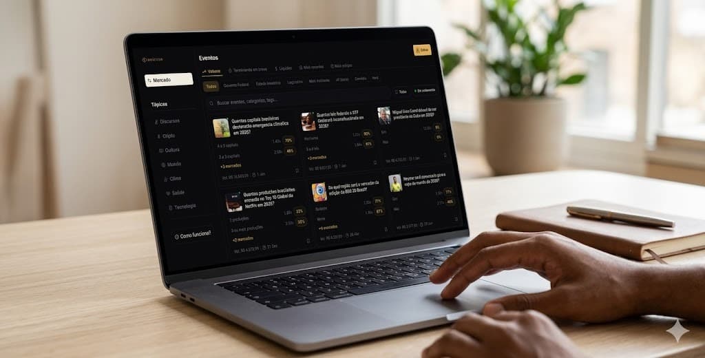 Dashboard VoxFi rodando em notebook com a interface de eventos e mercados